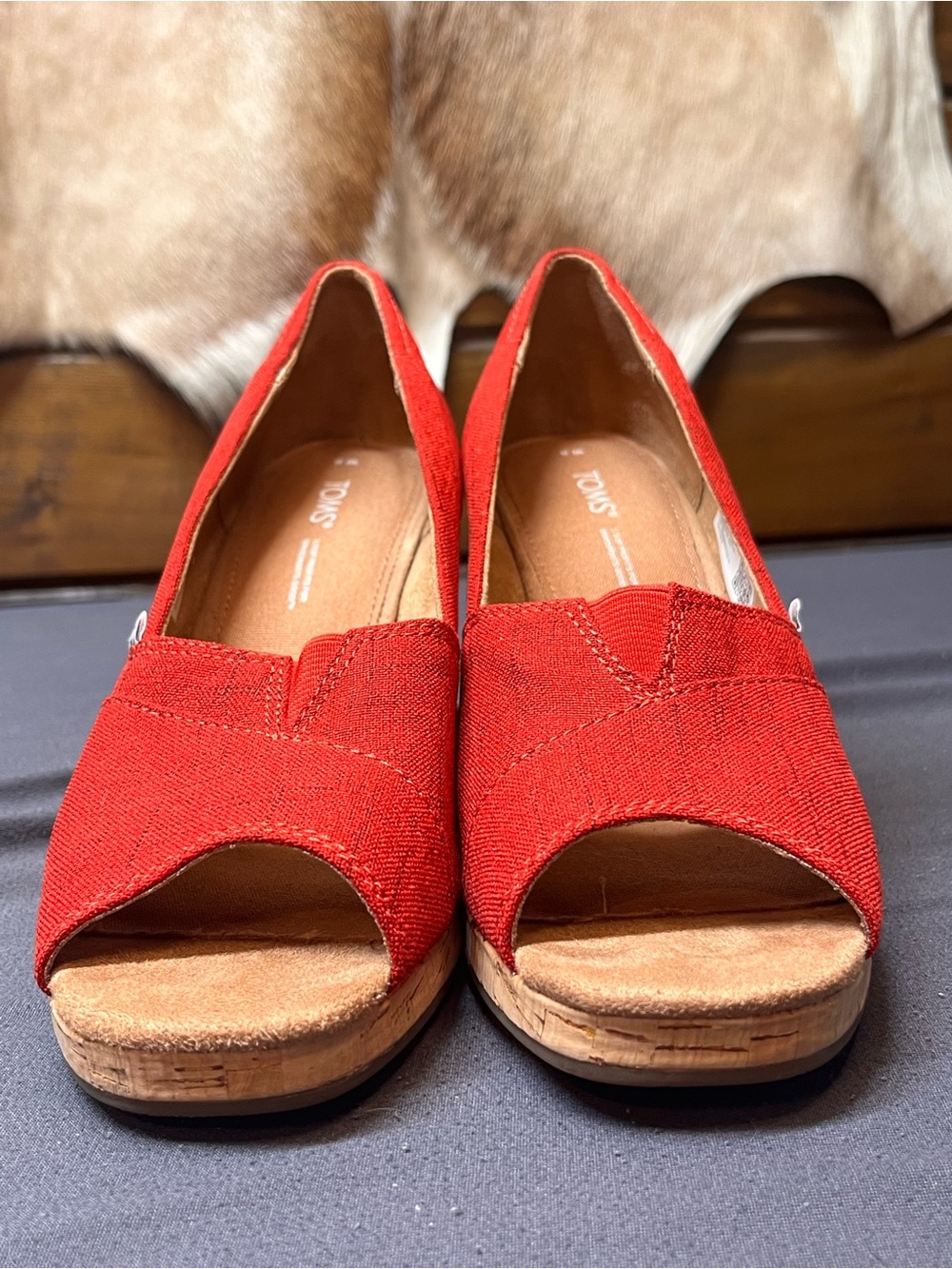 TOMS Red Canvas Cork Wedge Espadrilles - Women's - Picture 2 of 6